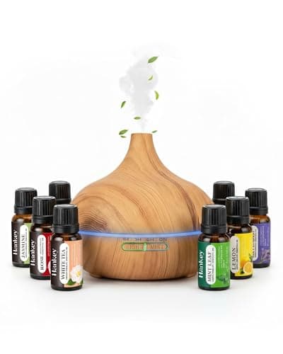 Image of Essential Oil Diffuser & 8 Premium Oils 500ml - Nest & Nibble Ultrasonic Cool Mist Aroma Therapy Diffuser & Air Humidifier Gift w/Remote & 7 LED Lights for Home, Bedroom, Spa & Wellness - Light Wood