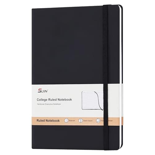 Image of SUIN A5 Notebook Hardback, 200 Pages Lined Paper, Faux Leather Journal for Men & Women, Black Notebook with Elastic Strap, Ribbon Marker & Inner Pocket, for Work, Study & Journaling (Black - 1 Pack)