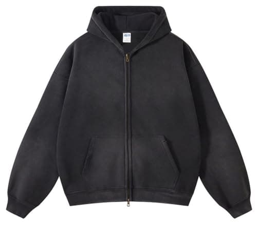 Image of Botong Vintage Mens Zip Up Hoodies Womens Oversized Acid Wash Hoddies Unisex Streetwear Sweatshirt Black L