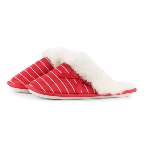 Image of London Shoe Co Ladies & Girls Faux Fur Mule Slippers Size 3 to 8 UK (Red Stripes, UK5/6)