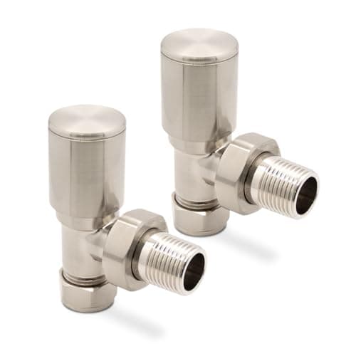 Image of Brushed Nickel Angled Modern Standard Rounded Radiator Towel Rail Valves Central Heating (Pair) 1/2" BSP