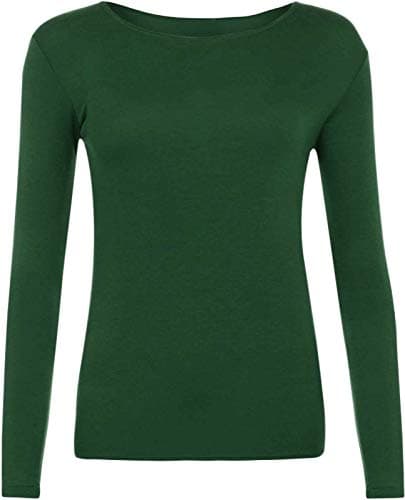 Image of Ladies Women Basic Long Sleeve Plain Round Neck Ladies Stretch Plus Size Top T Shirt (Bottle Green, UK S/M)