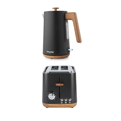 Image of Salter Toronto Kettle & 2-Slice Toaster Set - 1.7L 3KW Rapid Boil Cordless Kettle with Boil Dry Protection, 815W Wide Slot Toaster with 6 Browning Levels & Defrost/Reheat/Cancel, Matte Black