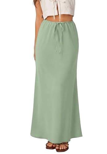 Image of REORIA Maxi Skirt Women's Skirts High Waist A-line Pencil Skirt Elegant Long Midi Skirts with Elastic Waistband Green M