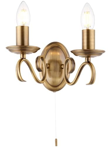 Image of National Lighting Indoor Wall Light - Dimmable Twin Wall Lamp with Pull Chord Switch – Decorative Scrolled Arm Wall Sconce LED Wall Light For Bedroom Livingroom Dining-room Hallway – E14 Antique Brass