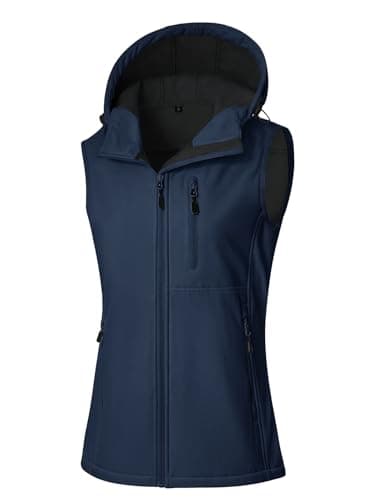 Image of CMTOP Softshell Gilet for Women UK Waterproof Windproof Gilets Lightweight Hooded Sleeveless Jacket Fleece Lined Body Warmer Zip Up Outerwear with Pockets for Running Hiking Cycling(Navy Blue,M)