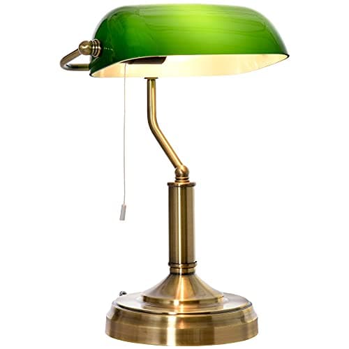 Image of HOMCOM Banker's Table Lamp Desk Lamp with Antique Bronze Tone Base, Green Glass Shade and Pull Rope Switch for Home Office, Living Room, Bedroom, Dining Room, Green