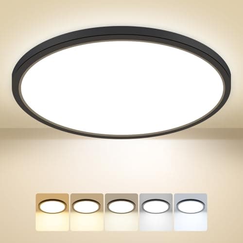 Image of Peasur Bathroom Light, 3000K/3500K/4000K/5000K/6500K 5 Color Temperature LED Ceiling Light, 24W 2800LM, IP54 Waterproof, Round, Modern, Flush Ceiling Light for Bathroom, Kitchen, BedroomØ30CM(Black)