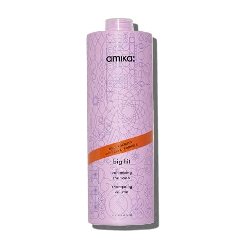 Image of amika big hit volumizing shampoo - hair care for fine to medium strands - sulfate free shampoo with caffeine + sea buckthorn - helps boost volume + adds weightless moisture (1000 ml)