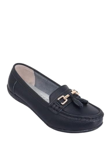 Image of Chums Ladies Nautical Leather Loafers, Wide Fit Slip On Shoes with Flexible Sole & Comfortable Cushion Insoles Black 8 UK