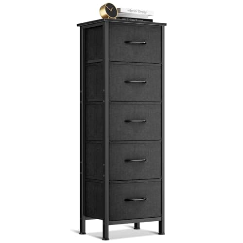 Image of Coleshome Tall Chest of Drawers Bedroom, Small and Narrow Drawers with 5 Fabric Drawers, Suitable for Bedroom and Living Room, Sturdy Steel Frame, Wooden Top, 40 x 30 x 120 cm, Black