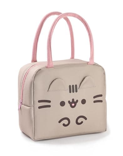 Image of Pusheen Womens Tote Lunch Bag | Ladies Brown & Pink Lunch Box | Cute Cat Print with 3D Ears | One Size Food Container Zip Lunch Bag | Kawaii Cartoon Pop Culture Fan Merchandise Gift