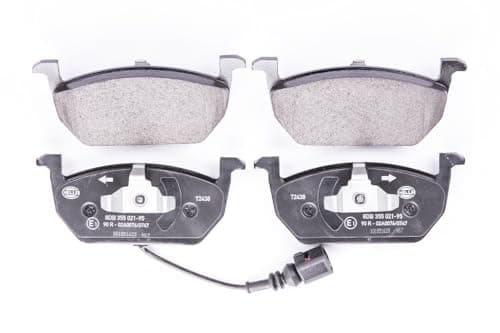 Image of HELLA 8DB 355 021-951 Brake pad set - with integrated wear warning contact - T2438 - for e.g. AUDI / SEAT / SKODA / VOLKSWAGEN