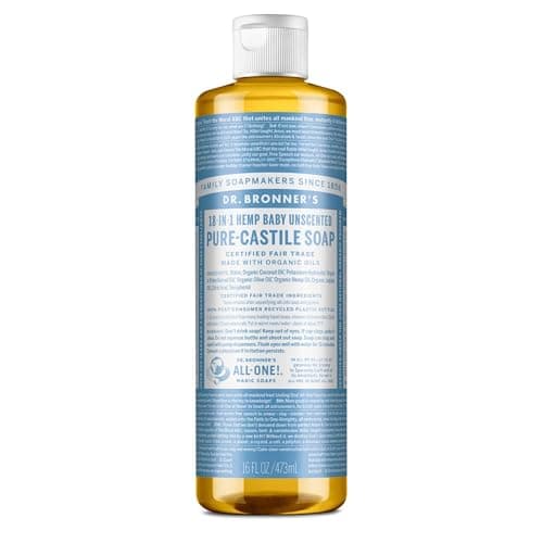 Image of Dr Bronner's 18-in-1 Baby Unscented Pure Castile Liquid Soap, Made with Organic Oils, Used for Face, Hair, Babies & Kitchen. Certified Fair Trade & Vegan Friendly, 473ml Recyled Bottle