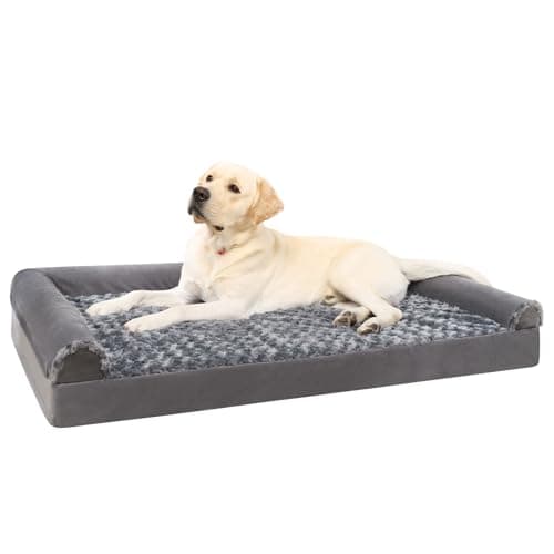 Image of KSIIA Large Dog Bed, Orthopedic Dog Sofa Beds Pet Bed, Dog Couch with Removable Washable Cover, Waterproof Dog Bed, Pet Sofa with U-Shape Bolster, Grey 90x57x16cm