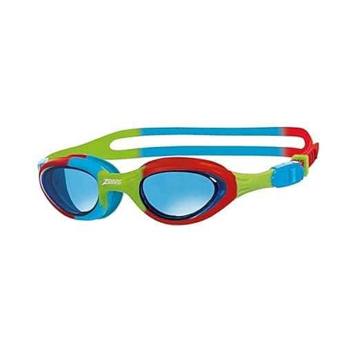 Image of Zoggs Super Seal Swimming Goggles Kids (Age 6-14, Blue Tinted Lens, Red/Green/Blue) UV Protection, Anti-Fog, Junior Boys & Girls Quick Adjust, Split Yoke Strap, Kids Goggles