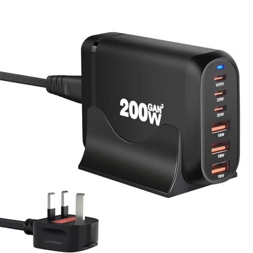 Image of 200W 6-Port USB Charging Station, PD 100W USB C USB A GaN III Charger Laptop & Phone Fast Charger Plug, Compatible with MacBook Pro/Air,Dell XPS, iPhone 15/16/14/ Pro, iPads, Steam Deck