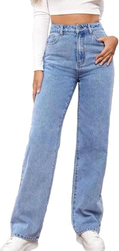 Image of Avanise High Waist with Straight Leg,Wide Woman,Women's Straight Leg Jeans,High Waisted Stretchy Wide Leg Denim Pants with Patch Pockets (Color:Blue,Size:M)