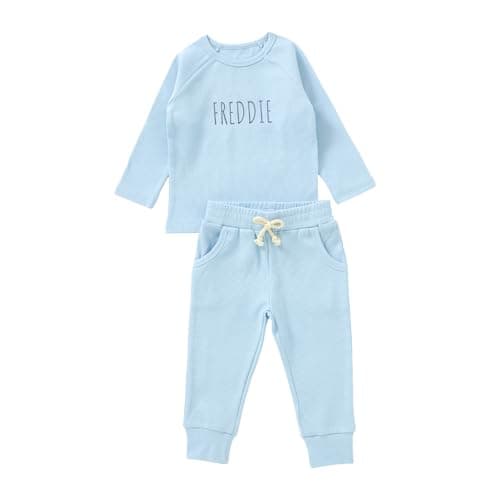 Image of cribstar Personalised Baby Ribbed Tracksuit Set Organic Cotton Custom Embroidered Name 2 Piece Outfit Toddler Boys Girls Unisex Gift (Pastel Blue, 12-18 months)
