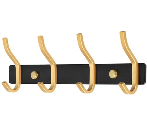 Image of YUET Door Hooks, Towel Hook Stainless Steel Coat Hooks Wall Mounted Screw in Modern Metal Heavy Duty Coat Rack Row of Hooks Hanger Robe Clothes Hat Hook for Bathroom Bedrooms (Black & Gold)