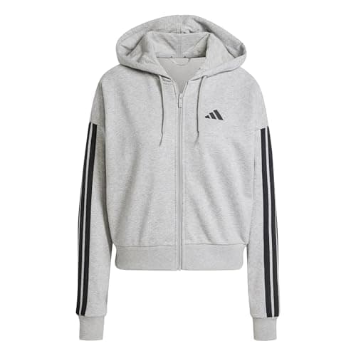 Image of adidas Women's Essentials 3-Stripes French Terry Full-Zip Hoodie Hooded Sweatshirt, Heather Grey/Medium Black, M