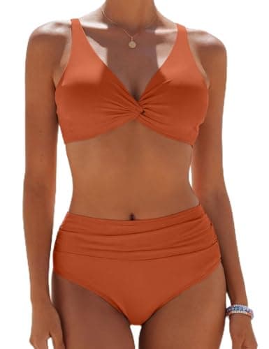 Image of CheChury High Waisted Bikini Sets for Women Swimwear Push Up Bikini Padded V Neck Twist Knot Ruched Tummy Control Bikinis 2 Piece Swimsuit for Women Bathing Suit Swimming Costume Plus Size,Orange,M