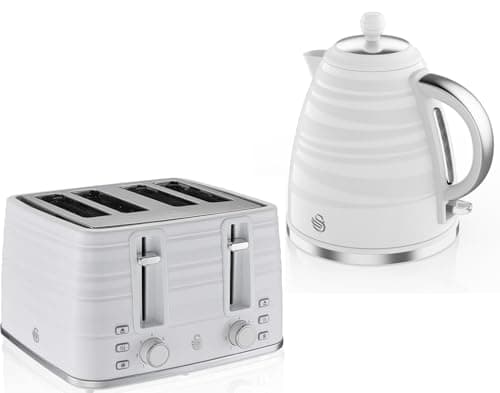 Image of Swan Symphony White 1.7L 3KW Kettle and 4 Slice Toaster. Contemporary Matching Kettle and 4 Slice Toaster Set in White High Gloss and Matt Finish SK31050WN / ST31054WN