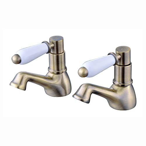 Image of ENKI, Downton, BT0806 Hot and Cold Basin Taps with White Ceramic Levers, Antique Brass