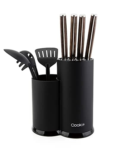 Image of Cookit 2 in 1 Round Kitchen Knife Holder & Utensil Organizer, Universal Knife Block with Scissor Slot, Easy Cleaning, Space Saving, Black