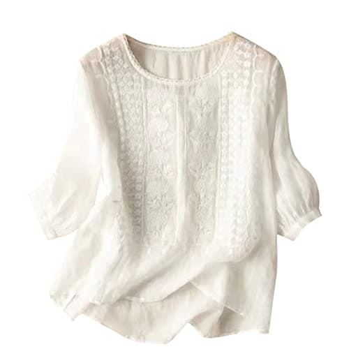 Image of Angxiwan White Linen Shirt Women Linen Tops for Women UK Plus Size Short Sleeve Tunic Blouse Retro Jacquard T-Shirts Baggy Loose Fit Shirt Lightweight Flowy Cotton Blouses