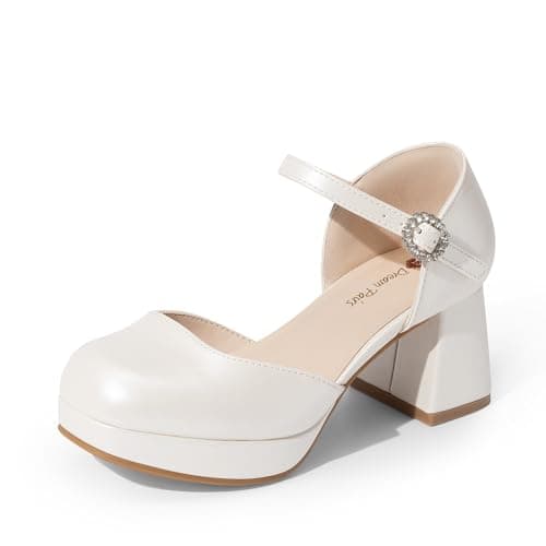 Image of DREAM PAIRS Girls Dress Shoes Closed Toe Platform High Heels Ankle Strap Party Wedding Flower Pump for Little Big Kid,Size 12 Little Kid,Ivory,SKPU26002K