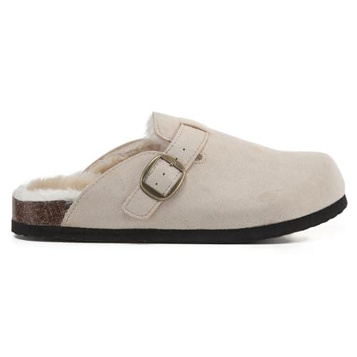 Image of VIVASHOES Women's Suede Slip-On Buckle Clog – Classic Closed-Toe Mule with Adjustable Strap, Cork Footbed & Rubber Outsole – Effortless Comfort for Cozy Days, Lounging & Everyday Living - Beige 7