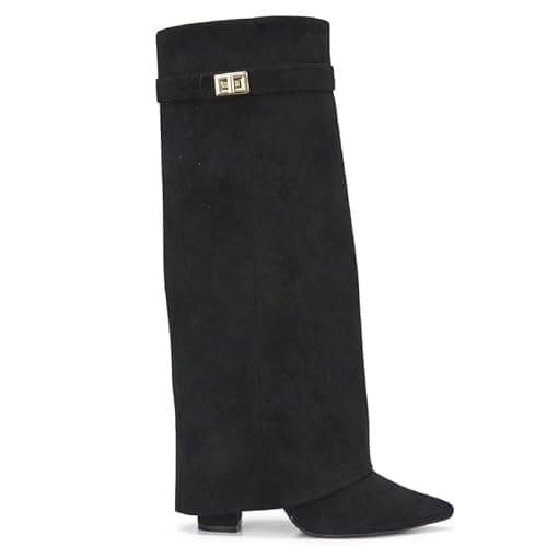 Image of sole london LADIES Women's KNEE HIGH Fold Over Buckle Fashion Zip Pointed Block Heel Boots – Stylish Ruched Design – Comfortable Mid-Block Heel (4 INCH)– Faux Leather & Faux Suede_BLACK SUEDE 5