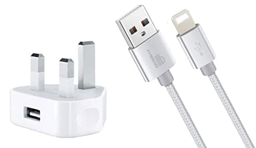 Image of AMO USB Charger Plug UK, USB Plug Adapter Data Cable 2 Meter Compatible For iOSiPhones 5 5S 5C SE 7 8 X XS XR 11 12 13 14 iOSiPad iOSiPod Air Pods (Whites 2 in 1)