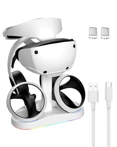 Image of CHARM FOCUS Charging Station for PSVR 2, Vertical PlayStation VR2 Headset Display Stand, Dual PSVR2 Controller Charging Dock with LED Indicator, 9 RGB Light Modes