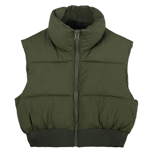 Image of Kissonic Women's Padded Down Vest Puffer Stand Collar Zip Up Crop Sleeveless Jacket, 02armygreen, S