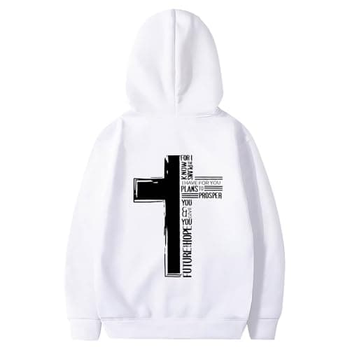 Image of Generisch Black Hoodie for Men, Plain Sweatshirt with Print on the Back, Men's Hoodie with Zip, White, M