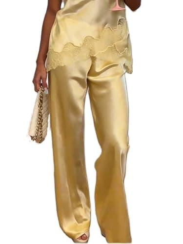 Image of Lshyuehao Women Satin Wide Leg Flowy Pants Silk Casual Dressy Long Dress Pants Elastic Solid Color Satin Pant Waisted Trousers (B-Yellow, L)