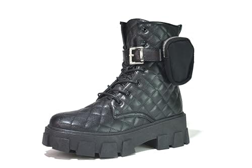 Image of BARTIUM Womens Quilted Chunky Combat Boots with Buckle Strap & Lace Up Side Pouch Ladies Ankle Side Zip Up Biker Boots Black PU Winter Boots UK Size 3-8