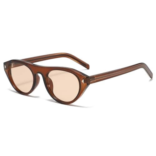 Image of Long Keeper Oval Cat Eye Sunglasses for Women Ladies Trendy Small Round Sunglasses Retro Vintage Cateye Shades with UV Protection for Travel Driving Daily (Clear Brown Frame - Champagne Lens)