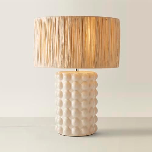 Image of ValueLights | Stone Bobble Ceramic Bedside Table Lamp with Natural Raffia Lampshade Living Room Bedroom Light | Table Lamps, Home Décor & Improvement Essential | Included LED Bulb