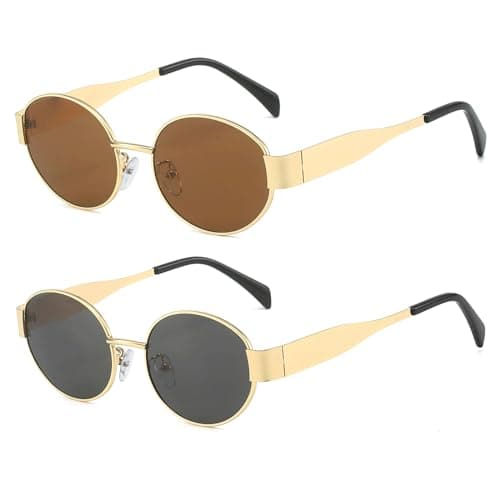 Image of YAMEIZE Retro Oval Metal Frame Sunglasses - for Women Men Classic Round UV400 Protection Small Glasses Shades Outdoor