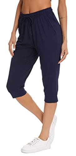 Image of Vlazom Women's Pyjamas Bottoms Soft Cropped Pants Pjs Lounge Capri Pants with Pockets Drawstring, Navy Blue,S