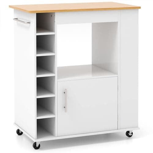 Image of COSTWAY Kitchen Storage Trolley on Wheels, Rolling Kitchen Island with Cabinet, Open Shelf, 6 Wine Holders, Bamboo Worktop, 3 Spice Racks & Towel Rack, Utility Storage Cart for Dining Room (White)