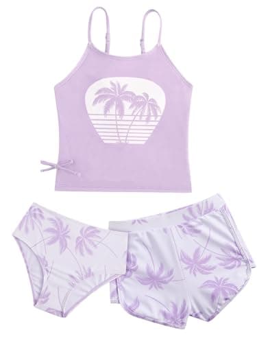 Image of JiAmy Girls 3 Piece Tankini Bikini Set Teenage Girls Swimsuit with Cover Up Summer Beach Swimming Costume for 140,Purple