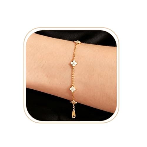 Image of EPIRORA Gold Bracelet for Women Girls, 14K Gold Plated Trendy Non Tarnish Bracelets with Cubic Zirconia Four Leaf Clover Flower Charm Bracelet for Wedding Prom Brides Jewellery Birthday Gifts