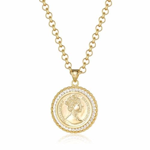 Image of Queen Elizabeth Coin Pendant Necklace with Clear Stones: Opulent Craftsmanship, 18k Gold Plated Jewelry Pendant measures 37mm Chain Width: 5.5mm, Length: 22 inches, Weight: 45g - Bling King London