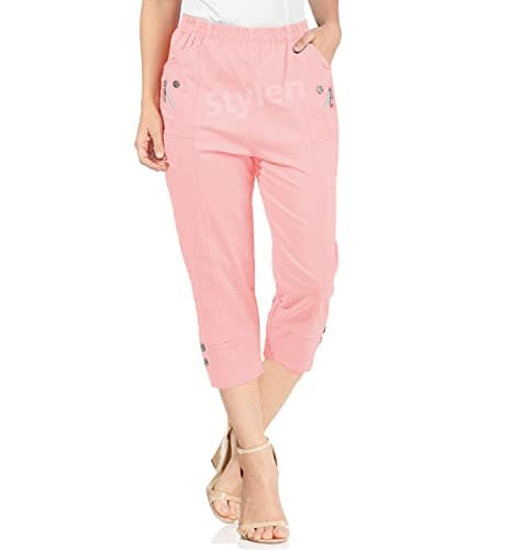 Image of URBAN STITCH Womens Cropped Trousers Ladies Capri Pants Three Quarter Soft Women Stretch Pull on Trousers Elasticated Waist Plus Size Summer Shorts (10, Dusty Pink)