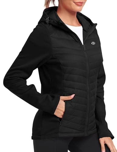 Image of MoFiz Women's Hooded Jackets Lightweight Packable Quilted Padded Jacket Warm Transitional Hybrid Puffer Jacket with Zip Pockets Black Size US XL
