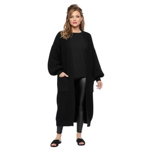 Image of HUBIBUBI Ladies Oversized Long Cardigan Balloon Sleeve Chunky Ribbed Open Knitted Maxi Jumper Ladies Maxi Knitted Puff Sleeve 2 Pocket Cardigan Boyfriend Sweater Top UK Size 8-22 Black